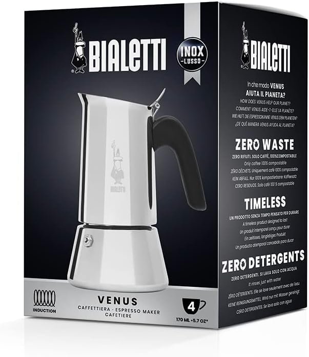 Bialetti Cafetera Venus, Mango Anti-escaldaduras, Apta para Inducción, 4 Tazas (170ml), Acero Inoxidable