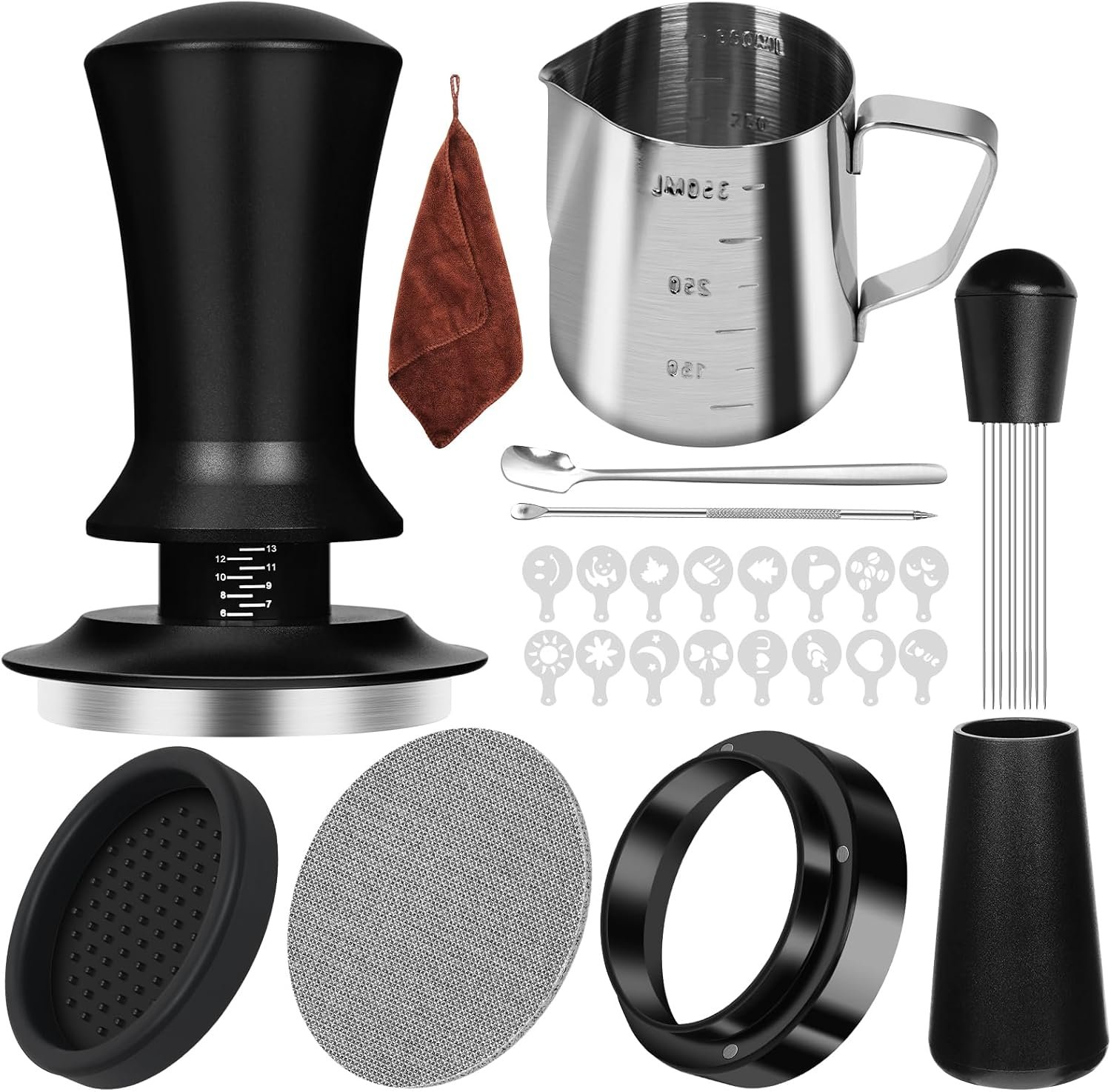 Y-Step Juego de prensador de café de 51 mm, 25 piezas con anillo dosificador de 51 mm, pantalla de 51 mm, paño barista, herramienta WDT, agitador de café, tapete, juego de arte latte